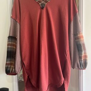 Plaid Sleeve Red Women's Top